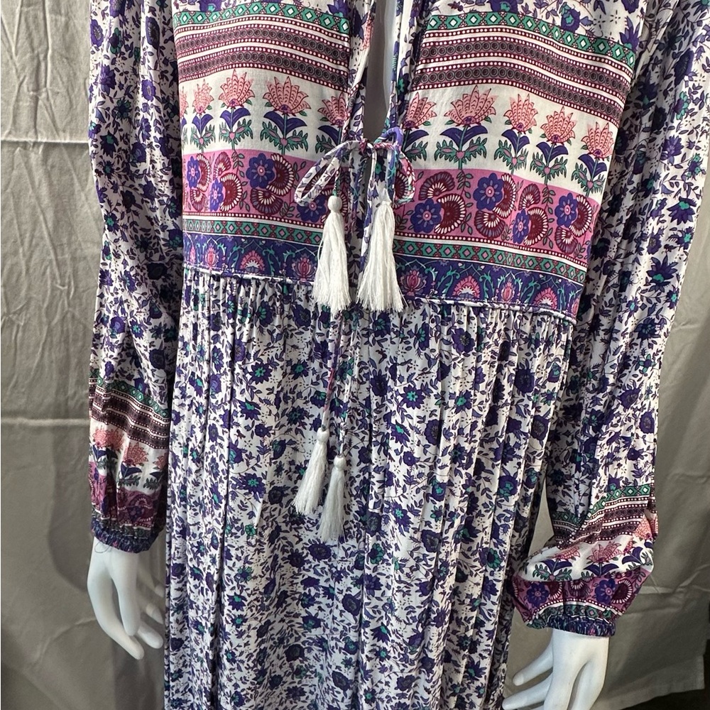 Floral Border Print V-Neck Tassel BoHo Midi Dress  Sz. 2XL/18 - Picture 5 of 8